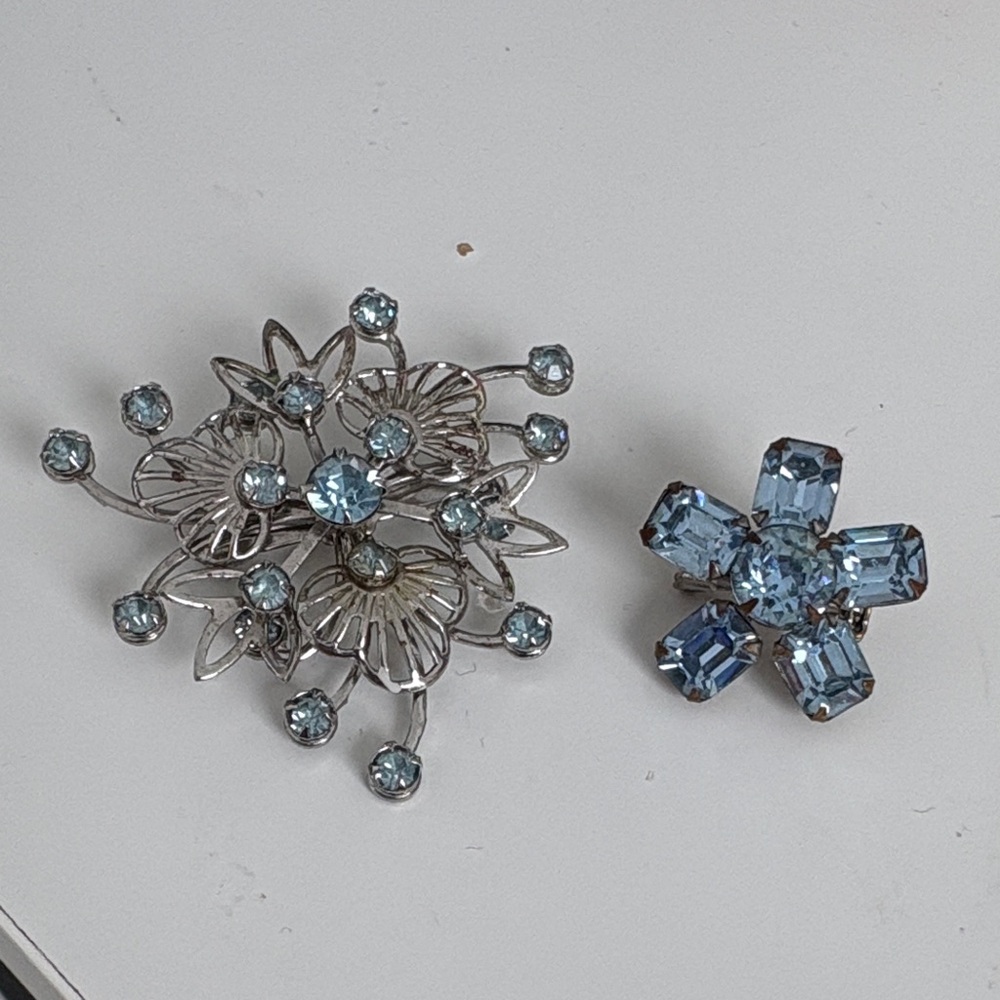 Silver and Blue Crystal Floral Brooch Set